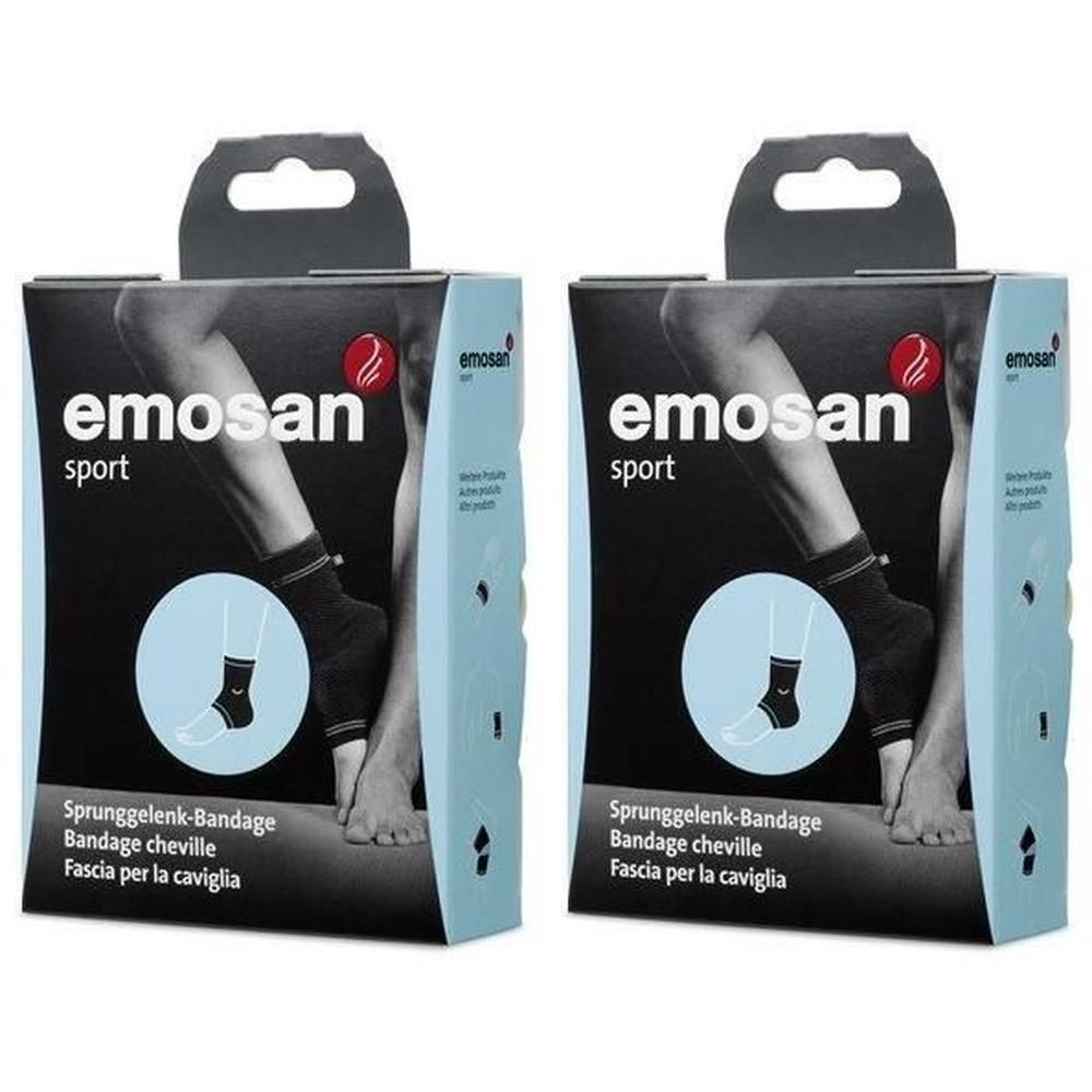 Zwei Packungen EMOSAN Sport Sprunggelenk-Bandagen. Schwarze Bandagen mit weißem Logo auf der Verpackung.
