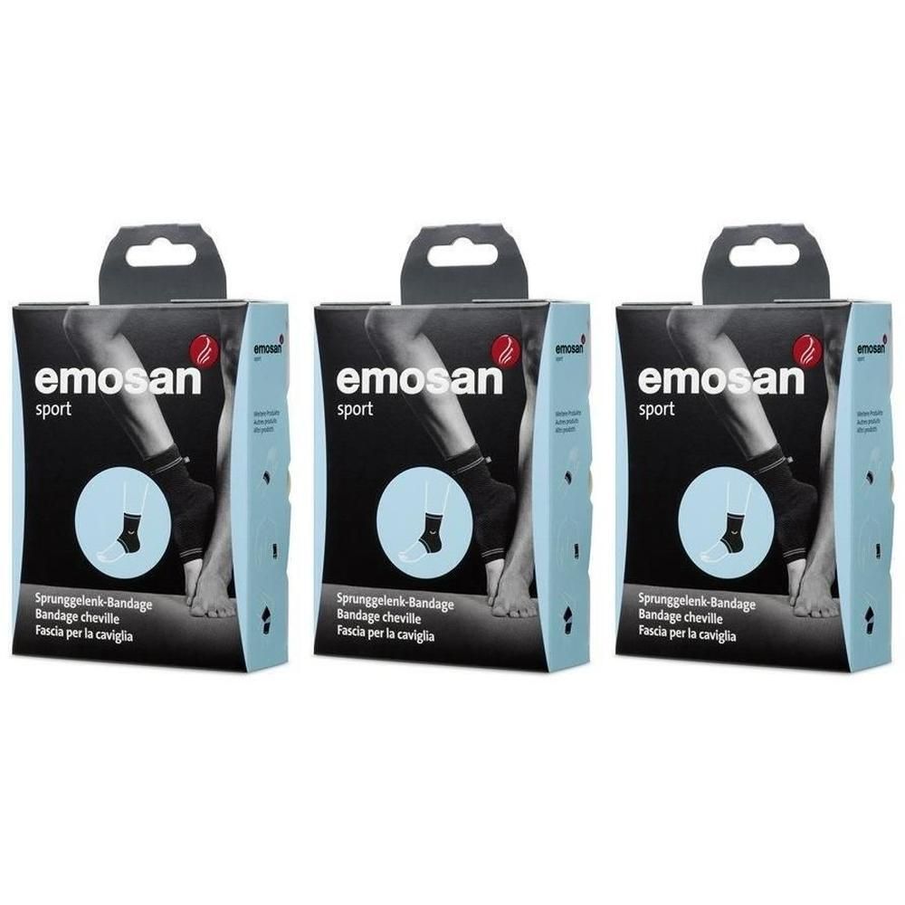 Drei Packungen EMOSAN Sport Knöchelbandage. Schwarze Bandagen mit weißem Logo auf hellblauem Karton.