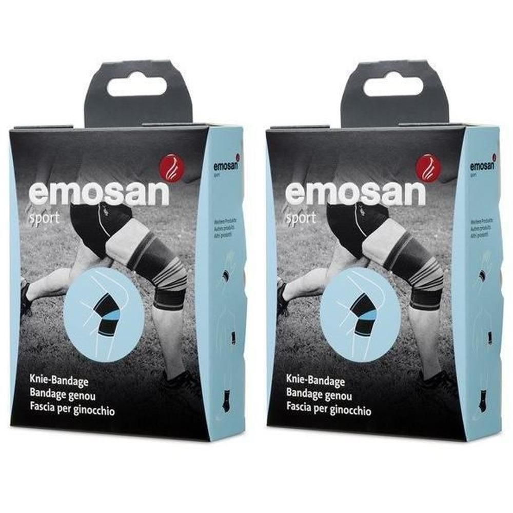 Emosan Sport Kniebandage Verpackung mit Abbildung eines Kniegelenks und Text.