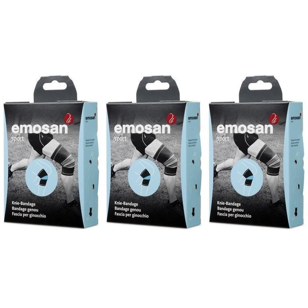 Drei Packungen Emosan Sport Kniebandage mit Abbildung einer Person mit Bandage.