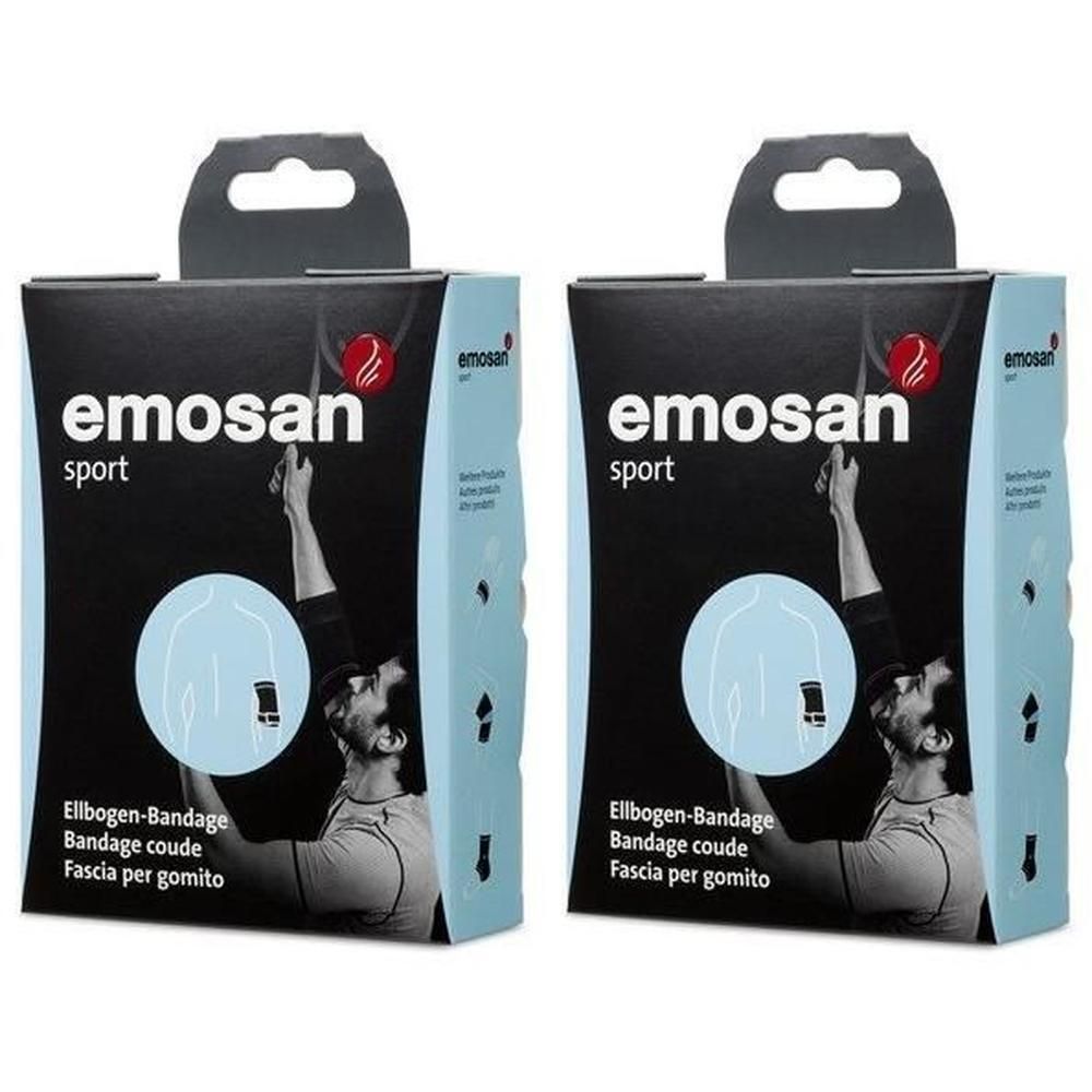 Zwei Packungen EMOSAN Sport Ellenbogenbandage, Größe M. Schwarze Kartons mit hellblauen Akzenten und Produktabbildungen.