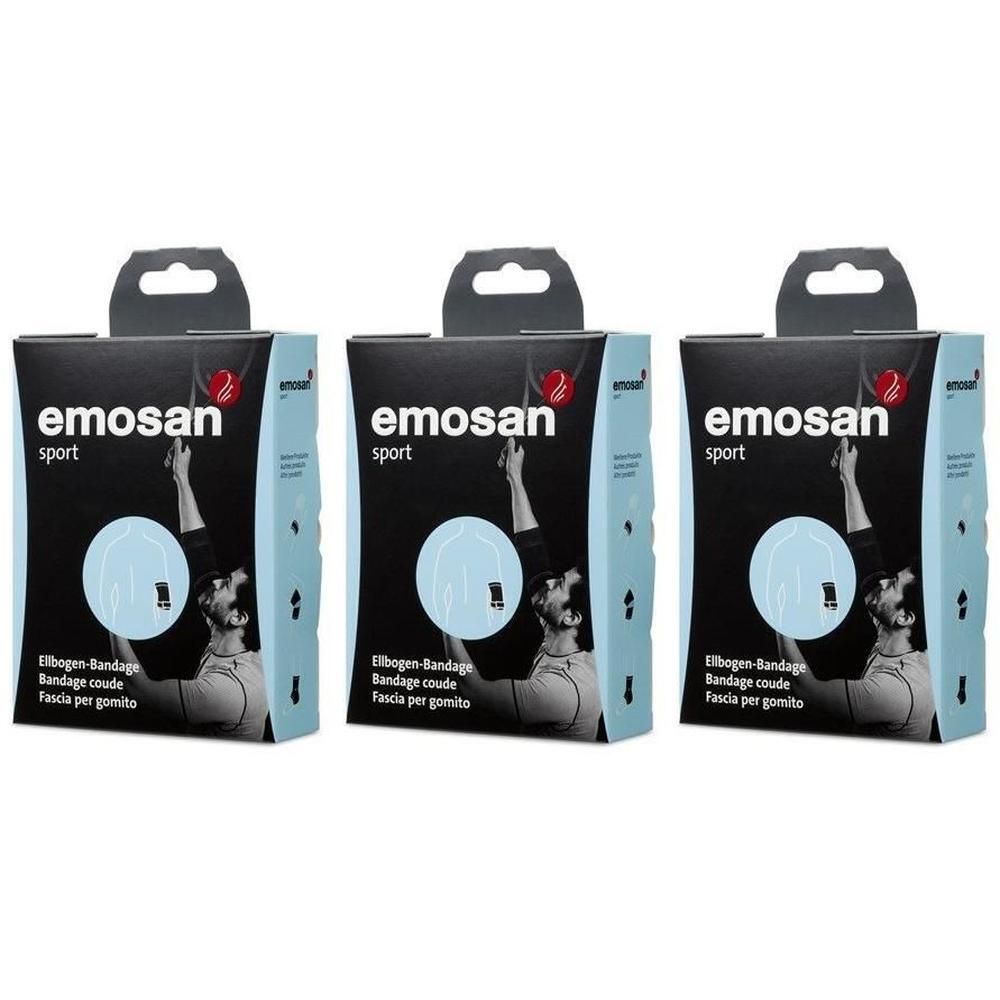 Drei Packungen EMOSAN Sport Ellenbogenbandage, Größe M. Schwarze Verpackung mit blauem Design und Produktabbildung.