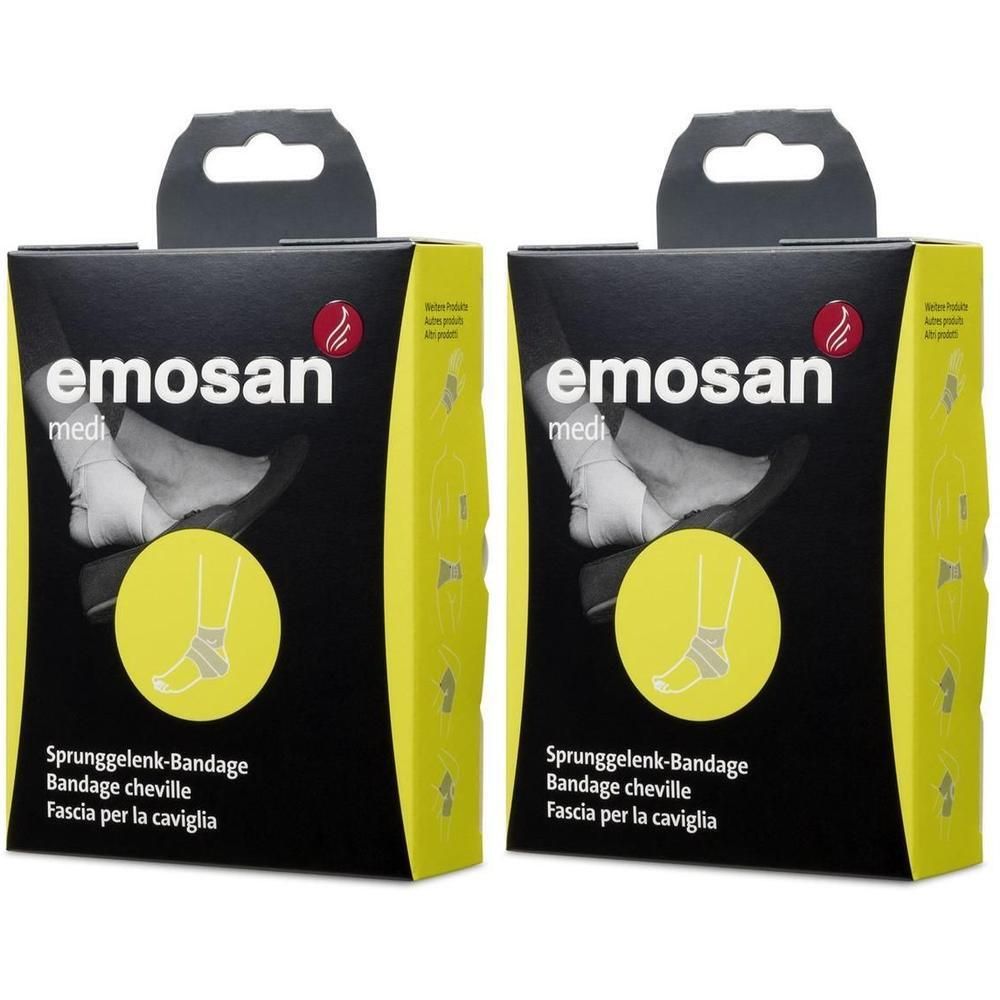 Zwei Packungen EmoSan Medi Sprunggelenk-Bandagen. Schwarze Kartons mit gelben Akzenten und Produktabbildungen.