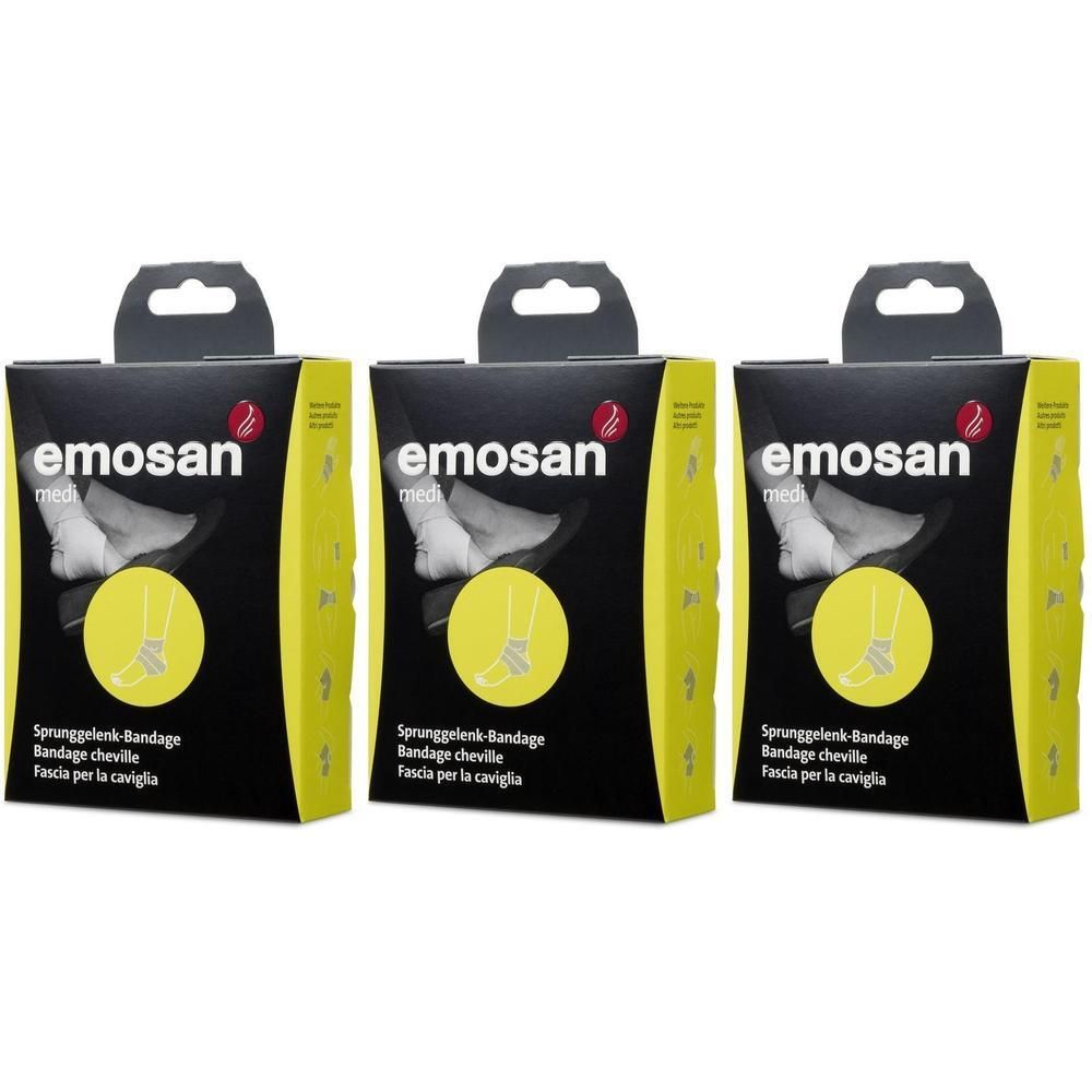 Drei Packungen EmoSan Medi Sprunggelenk-Bandagen im Karton. Schwarze Verpackung mit gelben Akzenten und Produktabbildung.