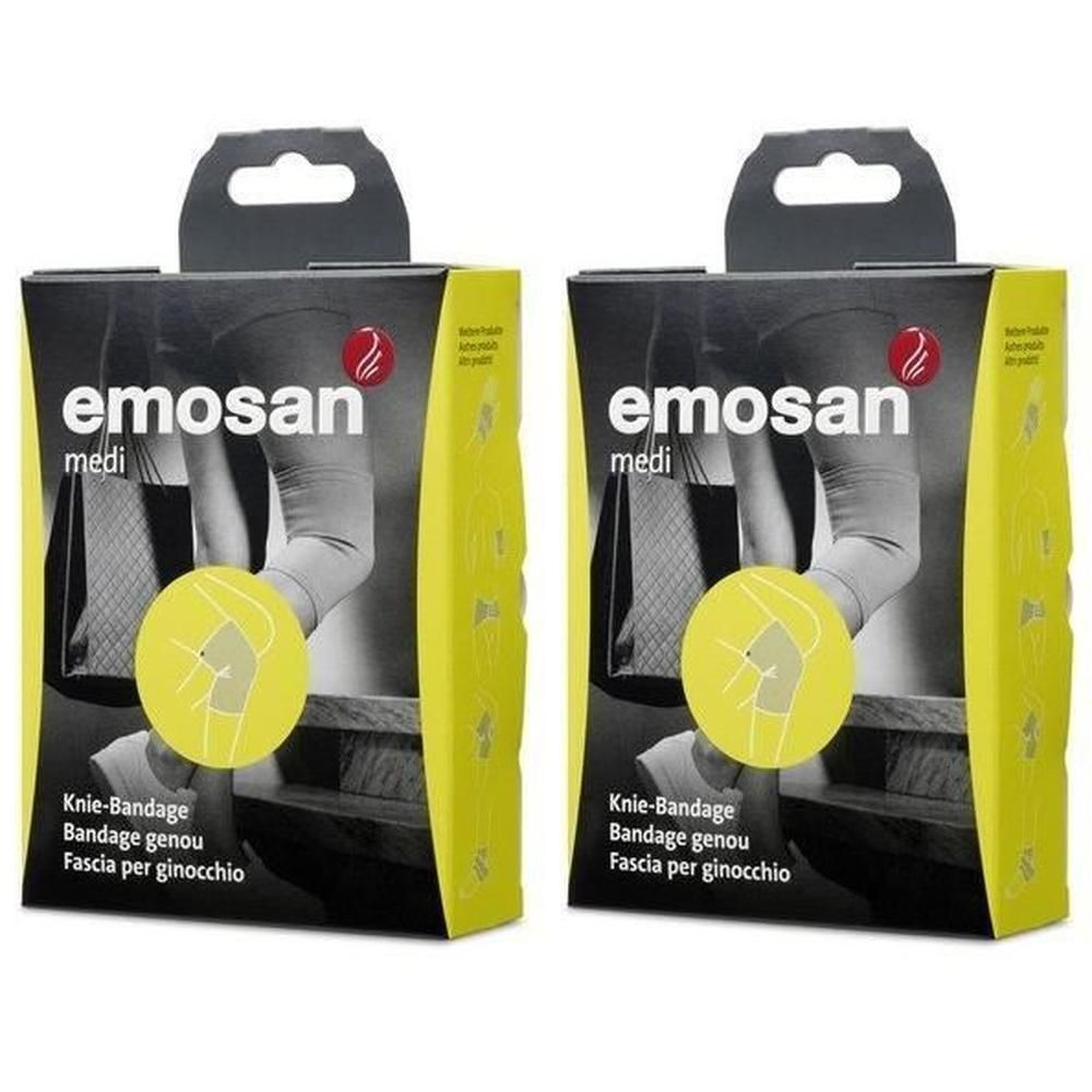 Zwei Packungen Emsan Medi Kniebandagen. Die Verpackung zeigt eine schematische Darstellung eines Knies.