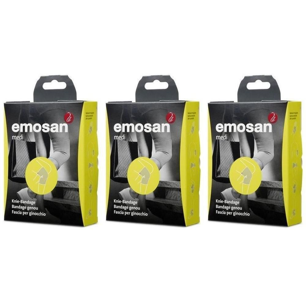 Drei Packungen EMOSAN Knie-Bandagen. Gelbes Design mit schwarzem Aufdruck und Logo.