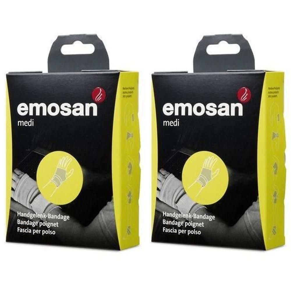 Zwei Packungen EmoSan Handgelenk-Bandagen auf schwarzem Karton mit gelben Akzenten und Produktabbildungen.
