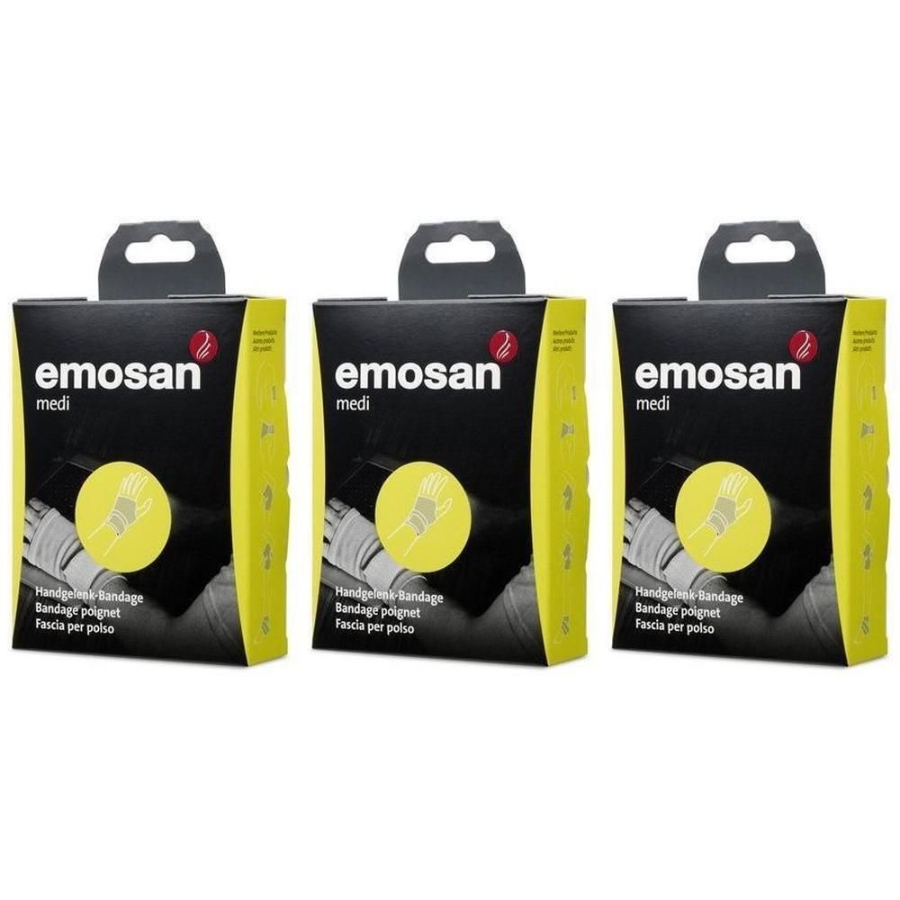 Drei Packungen Emosan Handgelenkbandage mit Aufhängevorrichtung. Schwarze Verpackung mit gelben Akzenten und Produktabbildung.