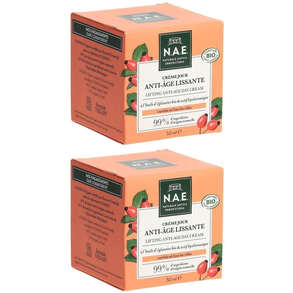 Zwei Schachteln N.A.E. Glättende Anti-Aging-Tagescreme, 50ml. Mit Bio-Siegel und Hagebutten-Motiv.