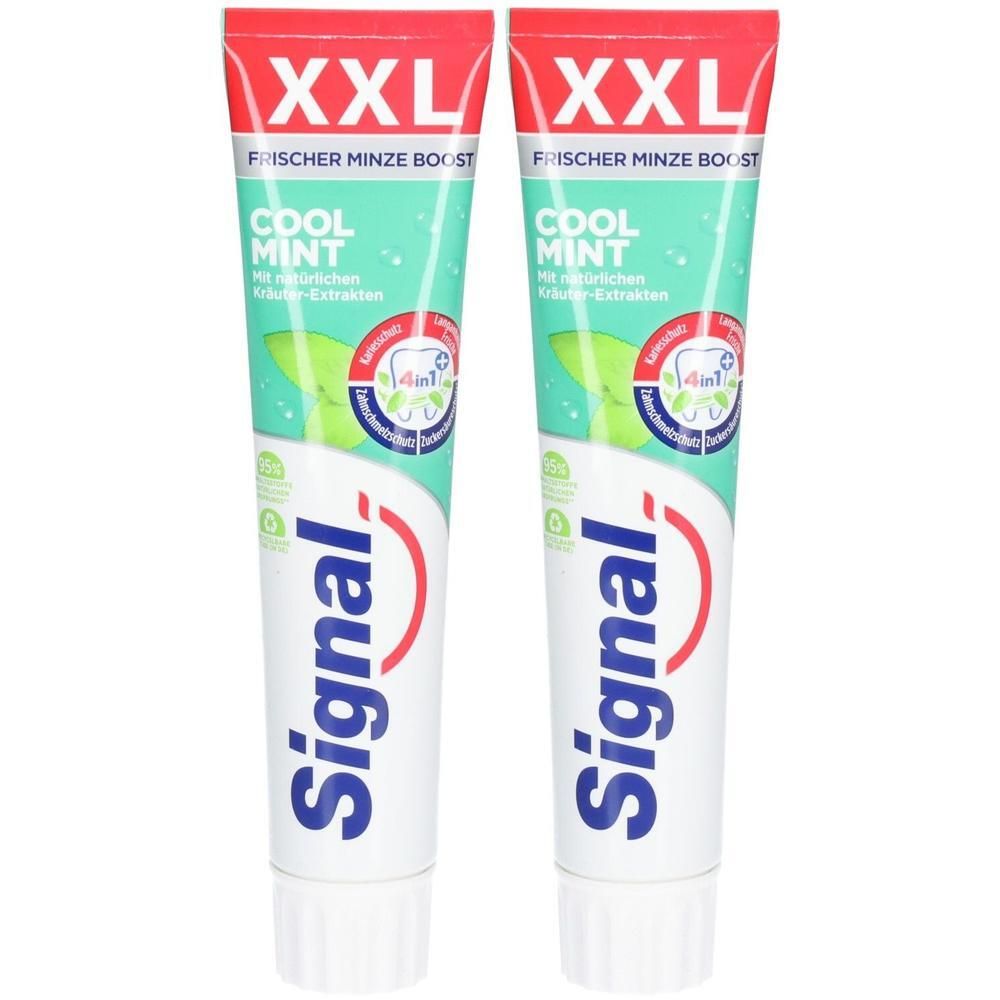 Zwei Signal Zahnpasta Cool Mint XXL Tuben mit "Frischer Minze Boost" und "4in1" Siegel.