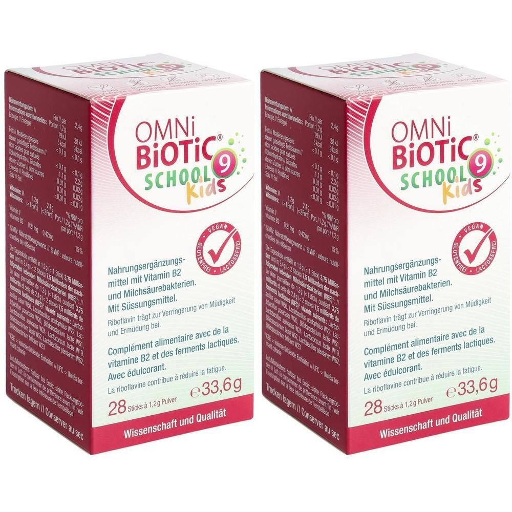 Zwei rechteckige Kartons. Aufdruck: OMNi-BiOTiC 9 School Kids. Enthält 28 Sticks. Vegan-Siegel. Text in Deutsch und Französisch.