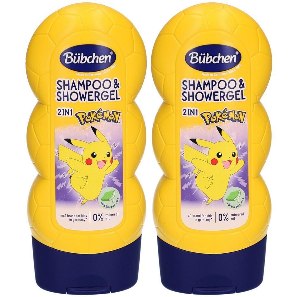 Zwei gelbe Bübchen Pikachu Shampoo & Duschgel Flaschen mit Pokémon-Motiv. 2in1-Formel.