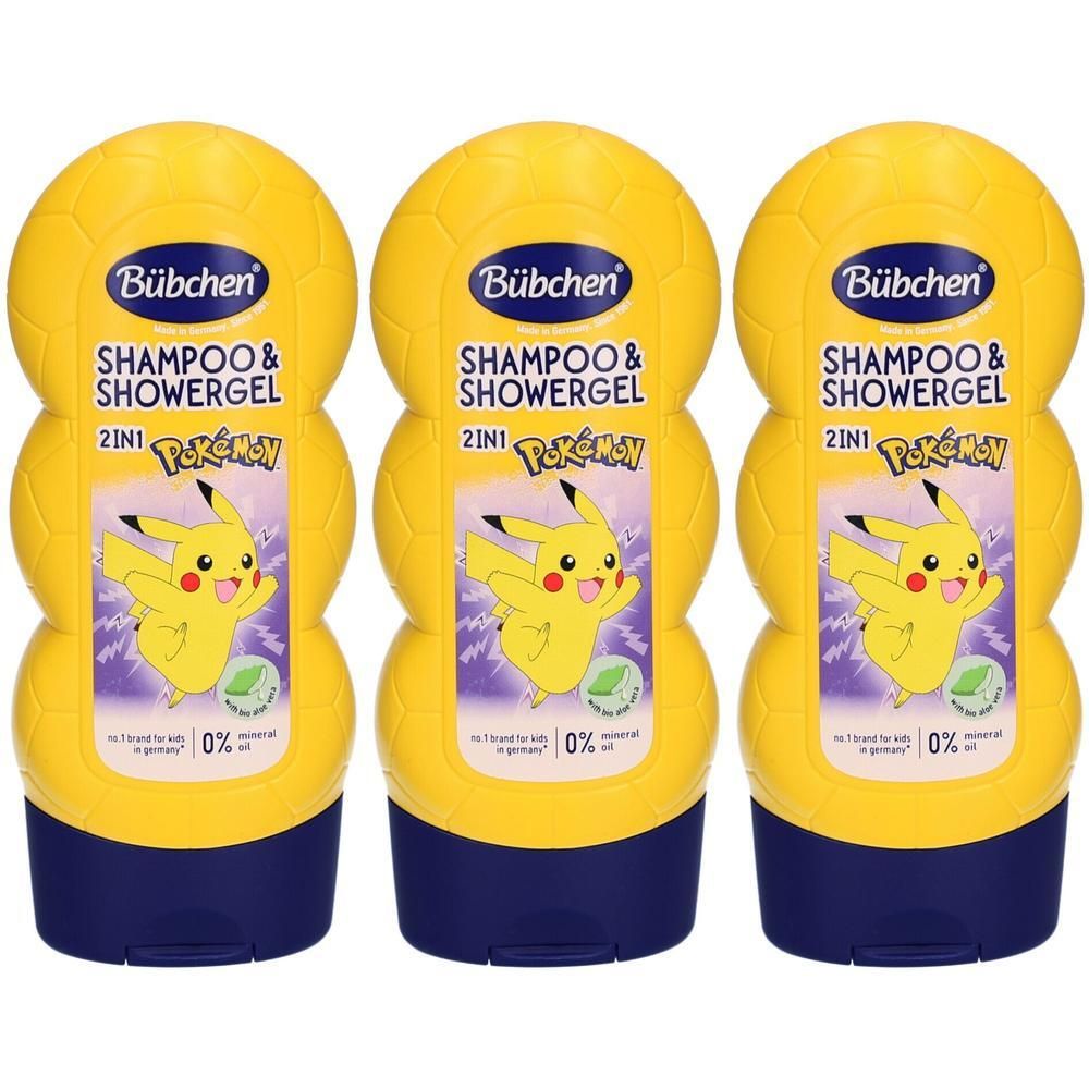 Drei gelbe Bübchen Pikachu Shampoo & Duschgel Flaschen mit Pikachu-Motiv. 2in1-Formel.