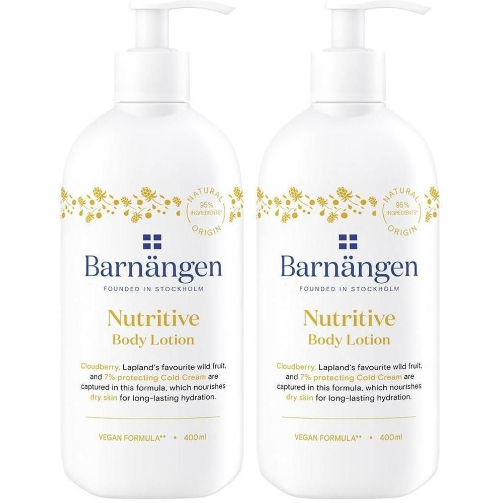 Zwei weiße Pumpflaschen Barnängen Nutritive Body Lotion mit gelbem Text und floralem Muster.