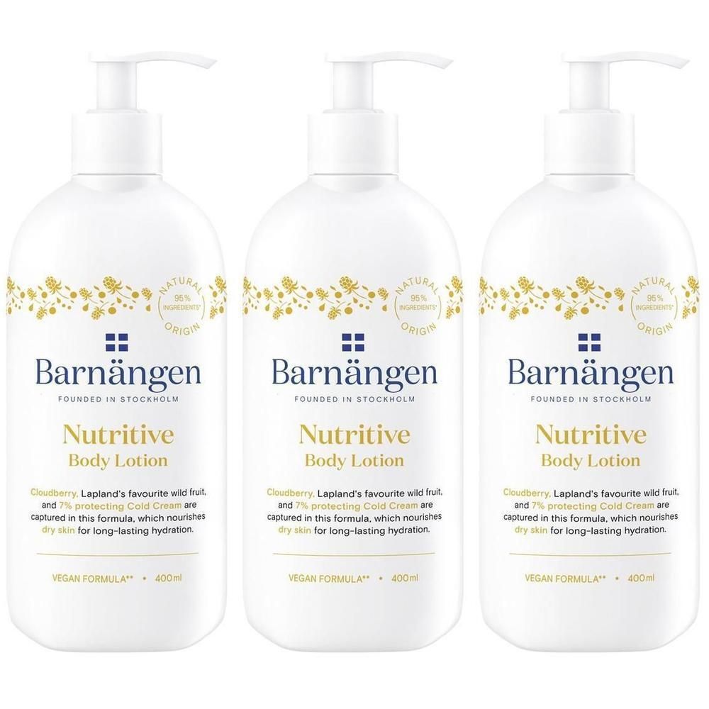 Drei Barnängen Nutritive Body Lotion Flaschen mit Pumpenspendern. 400ml. Vegane Formel.
