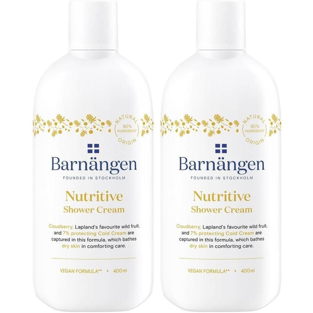 Zwei Barnängen Nutritive Shower Cream Flaschen, 400ml. Weiße Flaschen mit goldenem Muster und Text.