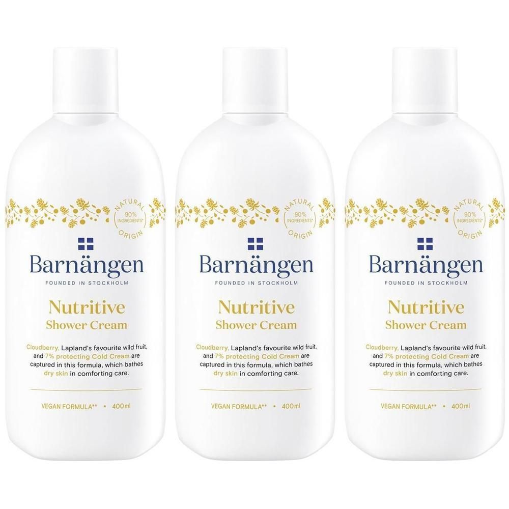 Drei weiße Flaschen Barnängen Nutritive Shower Cream mit goldenen Verzierungen und Text.