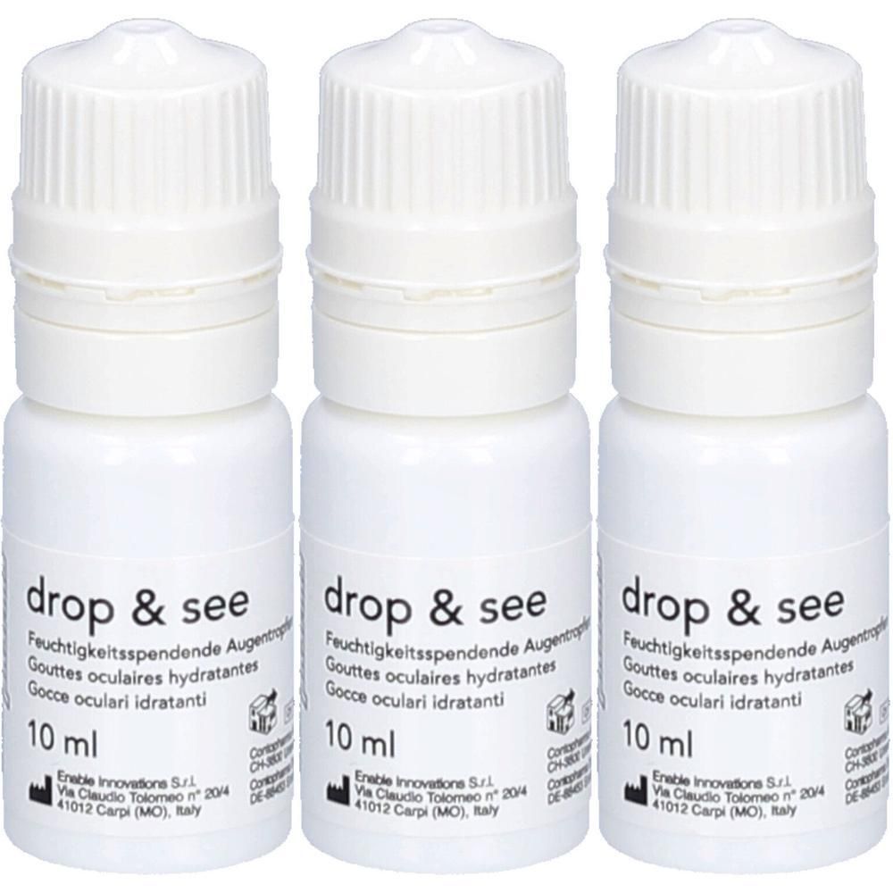 Drei weiße Tropfflaschen mit "drop & see" Aufschrift, 10 ml.