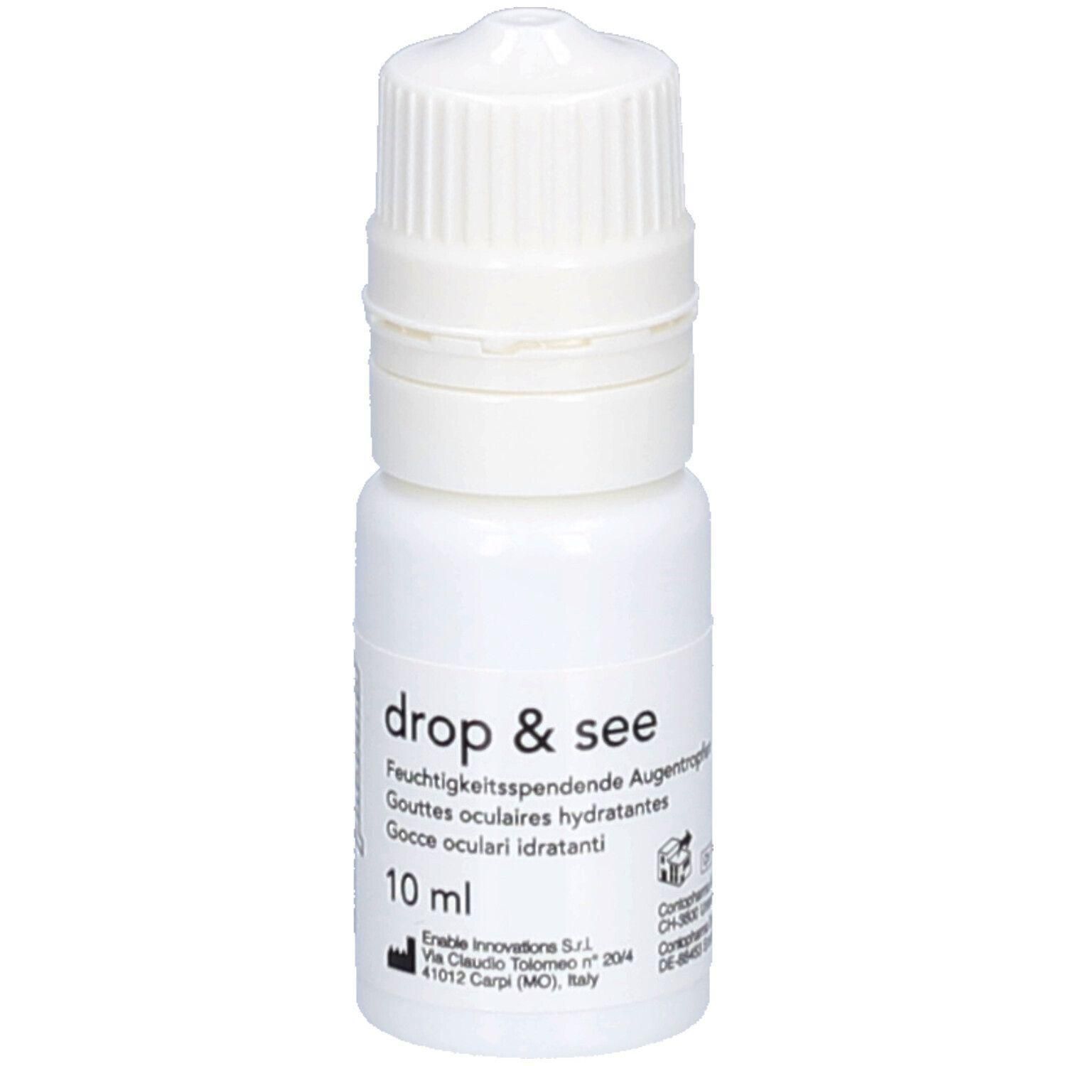 Weiße Tropfflasche mit Schraubverschluss, 10 ml. Beschriftung: drop & see, Feuchtigkeitsspendende Augentropfen.