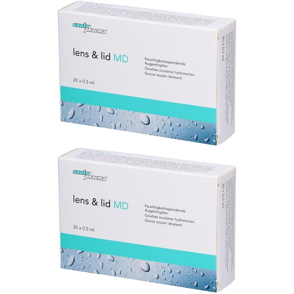 Deux boîtes de gouttes oculaires hydratantes CONTOPHARMA lens & lid MD, 20x0,5ml.