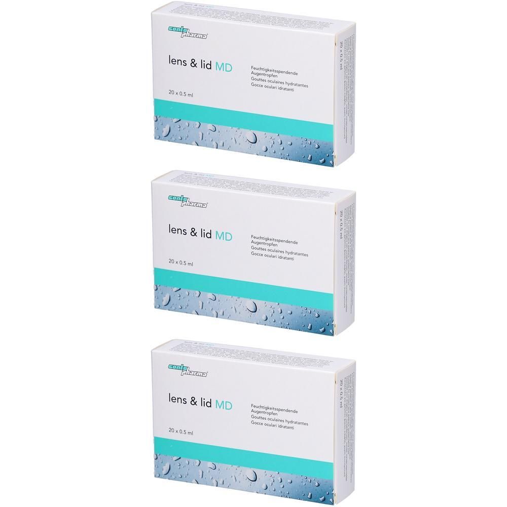 Trois boîtes de gouttes oculaires CONTOPHARMA lens & lid MD, 20x0,5ml.