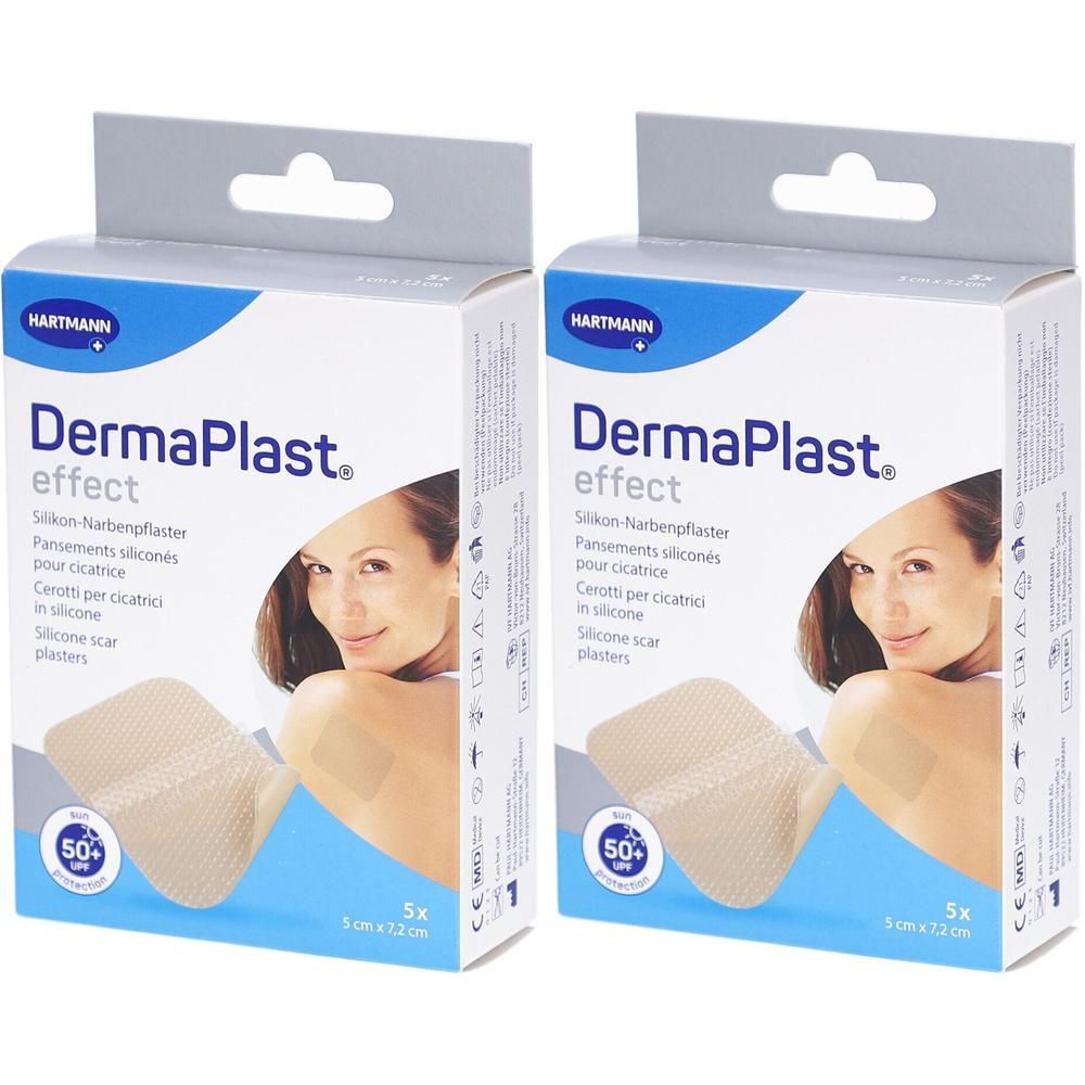 Zwei Kartons mit DermaPlast Effect Narbenpflaster. Aufdrucke: Hartmann, DermaPlast, Effect, 5x 7,2x5cm. Abbildung einer Frau mit Pflaster.