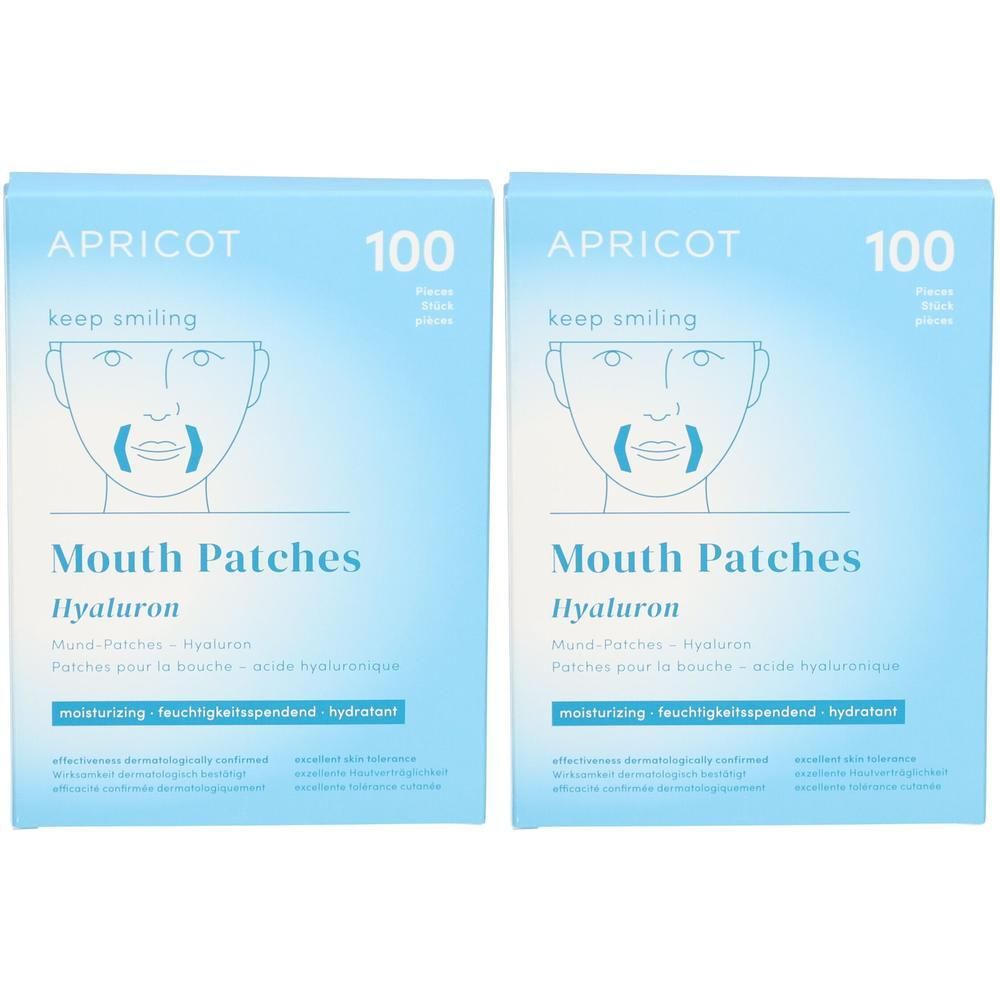 Zwei Packungen APRICOT Mundpflaster mit Hyaluron, je 100 Stück. Blaue Kartonverpackung mit Produktabbildung.