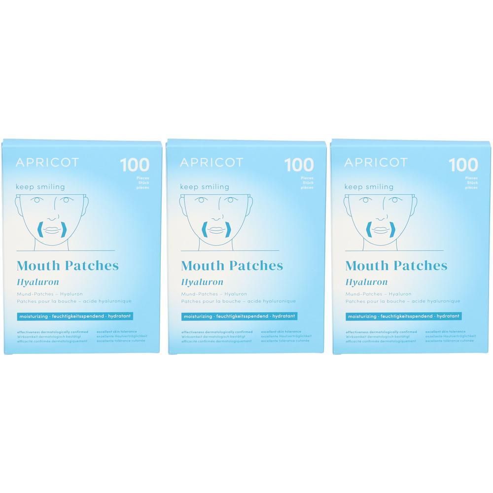 Drei Packungen Mundpflaster. Hellblaue Verpackung mit Produktname, Logo und Aufdruck "100". Aufdruck "Mouth Patches Hyaluron".