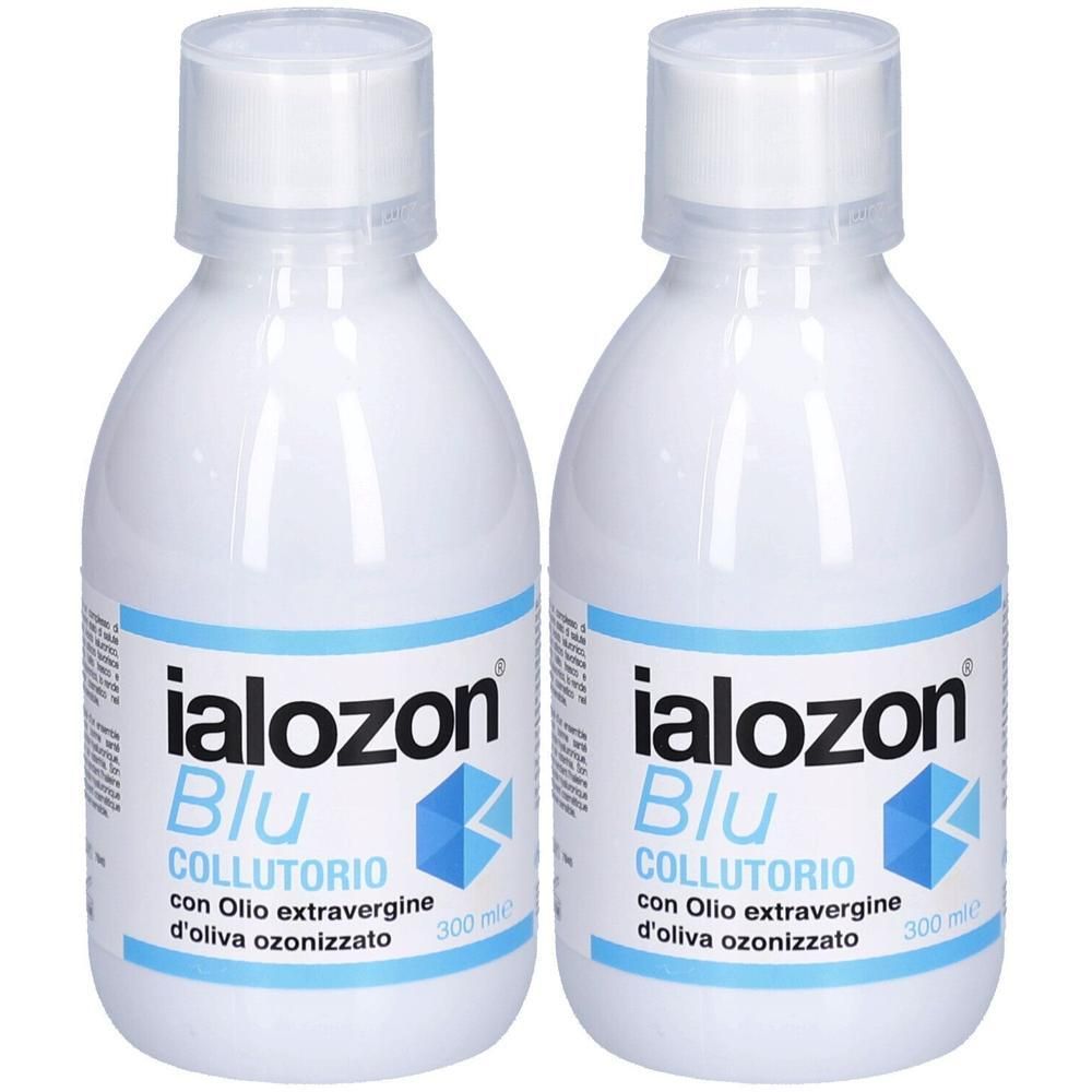 Zwei weiße Flaschen mit blauem Etikett. Aufschrift: Ialozon Blu Collutorio. Mit Olivenöl. 300 ml.