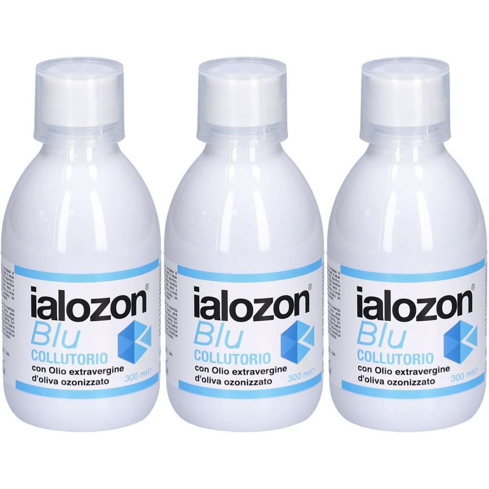 Trois flacons blancs avec étiquette bleue. Inscription: Ialozon Blu Collutorio con Olio extravergine d'oliva ozonizzato. Bouchons blancs.