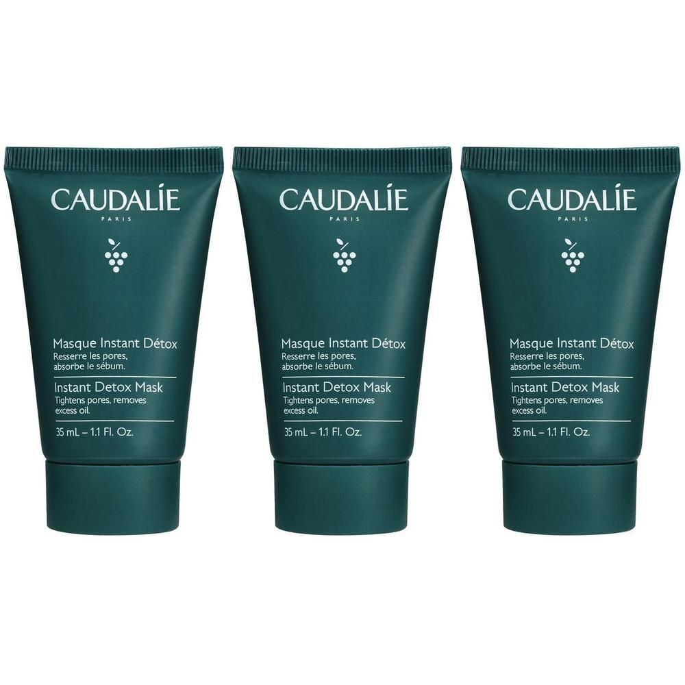 Drei Tuben mit grünem Deckel. Auf jeder steht CAUDALIE, Masque Instant Détox, Instant Detox Mask. 35 ml - 1.1 Fl. Oz.