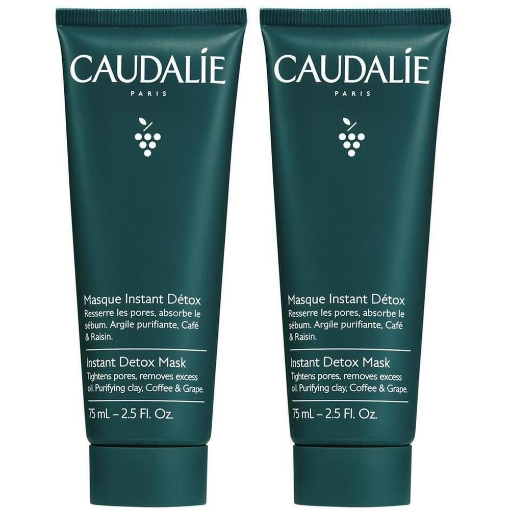 Zwei Tuben CAUDALIE Masque Instant Détox. Dunkelgrüne Verpackung mit weißem Logo und Produktinformationen. Enthält 75 ml.