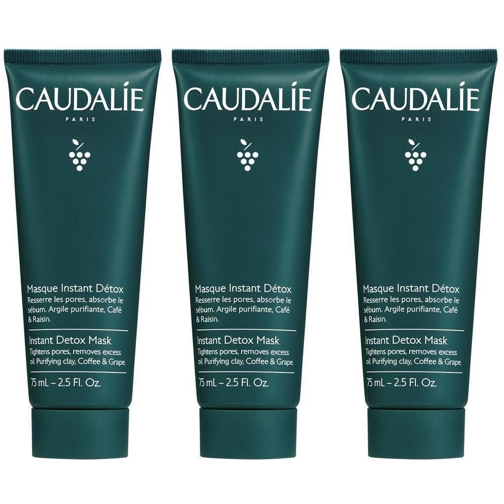 Drei Tuben CAUDALIE Masque Instant Détox. Grünliche Tuben mit weißem Schriftzug und Trauben-Logo. Text: Instant Detox Mask, 75 ml.