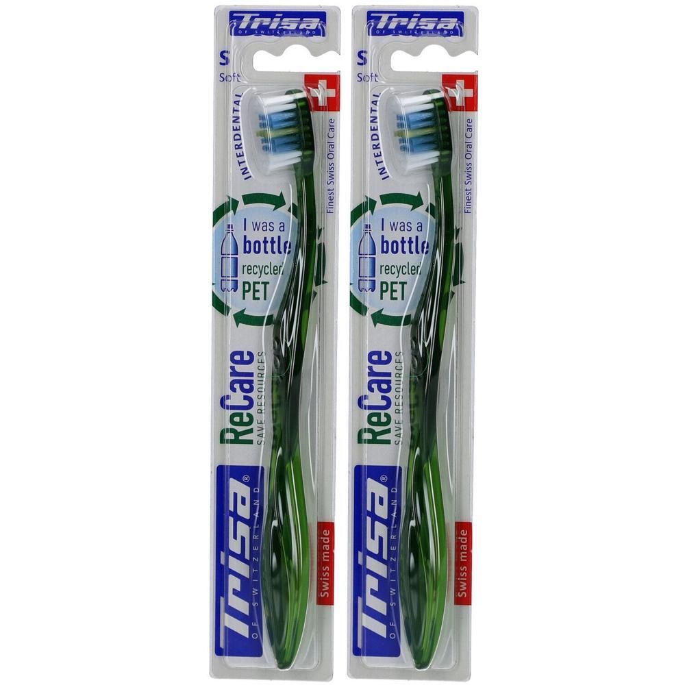 Zwei Trisa ReCare Zahnbürsten, Griff aus recyceltem PET, Interdental, Soft, Swiss made.