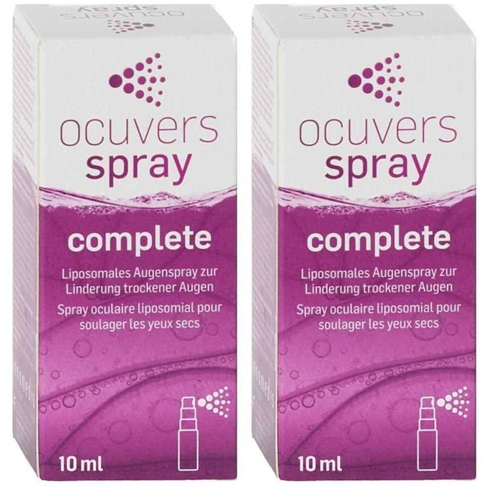 Zwei weiße Kartons mit lila Akzenten. Aufschrift: ocuvers spray complete. Text: Liposomales Augenspray. 10 ml.