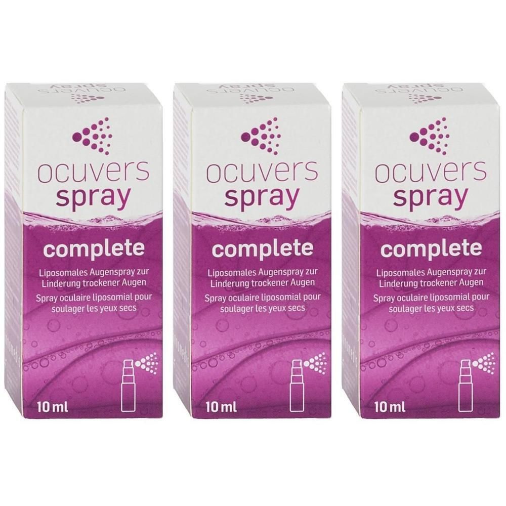 Drei Packungen Ocuvers Spray Complete. Weiße Kartons mit lila Schrift und Abbildung. Enthält 10 ml.