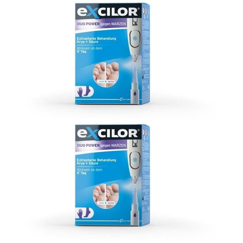 Zwei Packungen EXCILOR Duo Power gegen Warzen. Blaue Verpackung mit Produktabbildung und Text. Enthält Kryo + Säure. Wirksam ab dem 5. Tag.