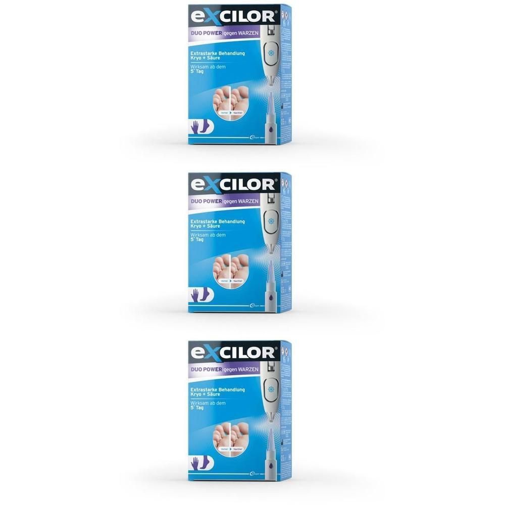 Drei Packungen EXCILOR Duo Power Pen. Blaue Verpackung mit Produktabbildung und Text. Der Stift ist auf der Verpackung abgebildet.