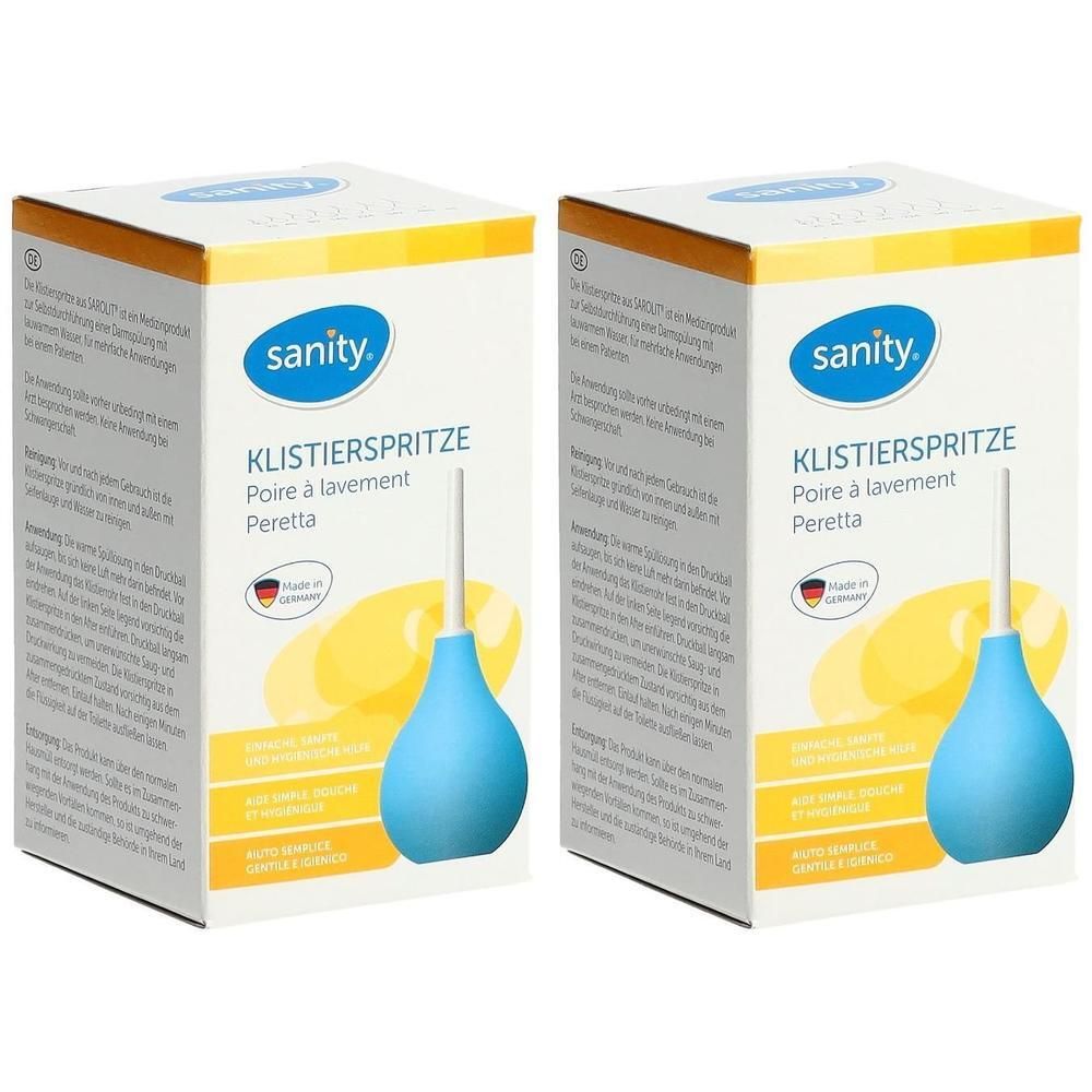 Zwei Packungen Sanity Klistierspritzen mit blauem Gummiballon und weißer Spitze. Kartonverpackung mit Produktinformationen.