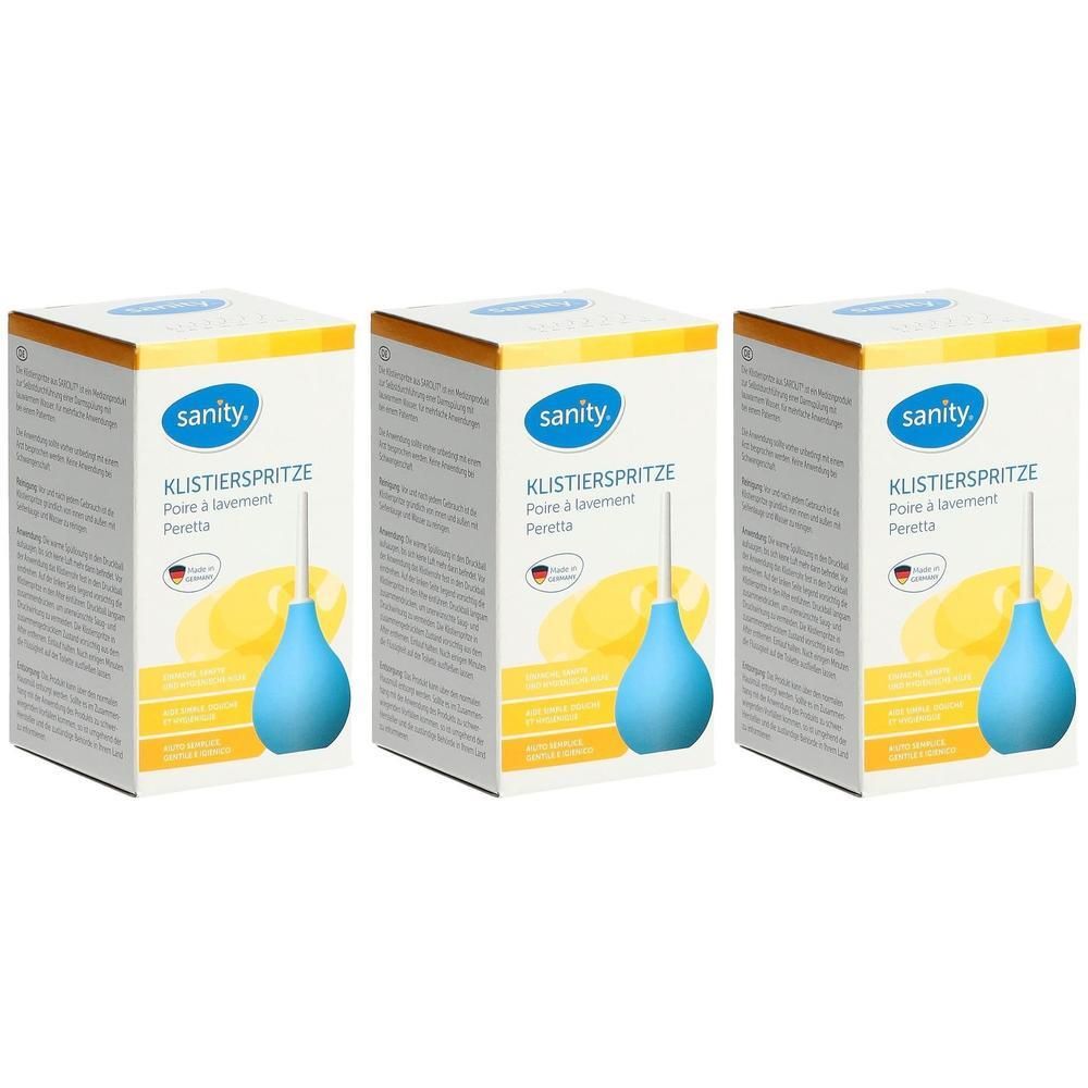 Sanity Klistierspritze, blau, 2er-Pack. Kartonverpackung mit Produktabbildung.