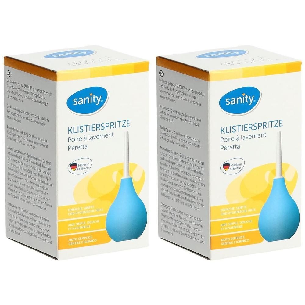 Zwei Packungen Sanity Klistierspritzen, blau, mit weißem Applikator. Kartonverpackung mit Produktinformationen.