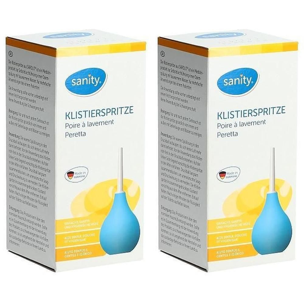 Zwei Packungen Sanity Klistierspritzen, blau, mit weißer Spitze.