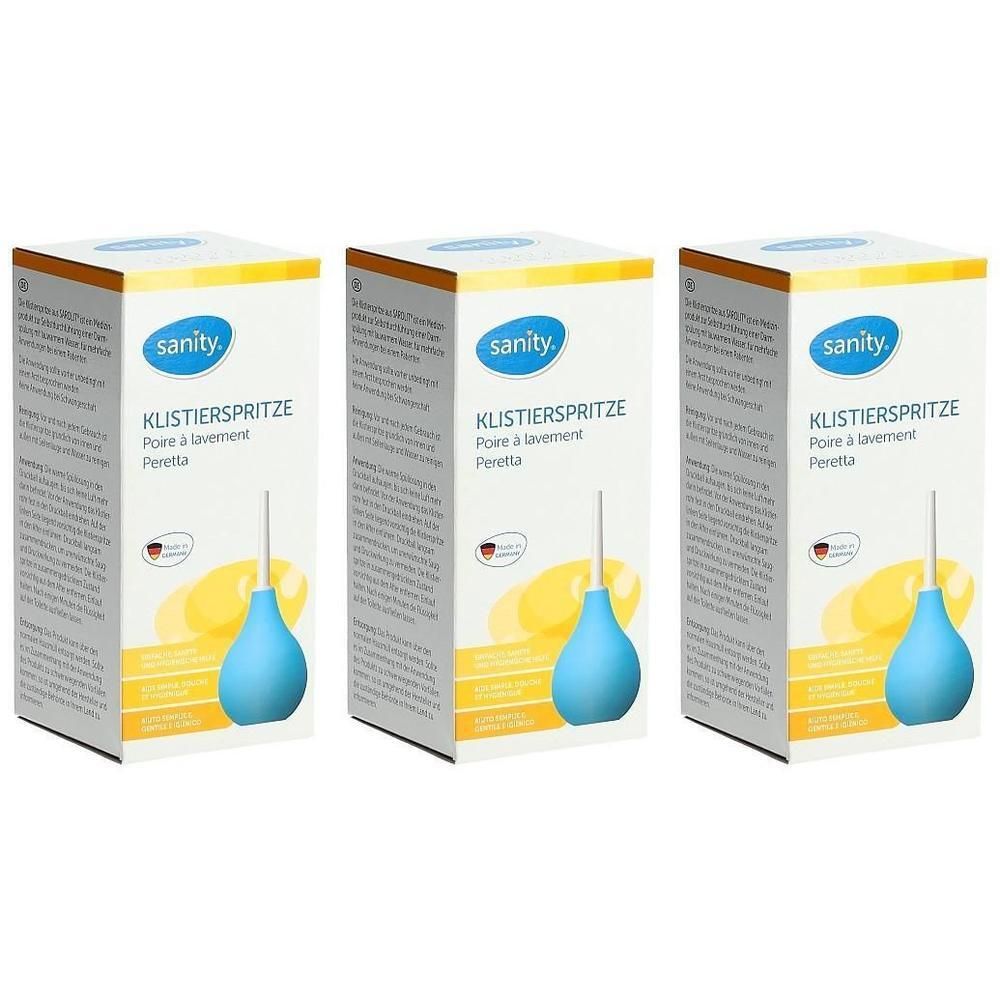 Drei Packungen Sanity Klistierspritzen mit blauem Gummiballon und weißer Spitze.