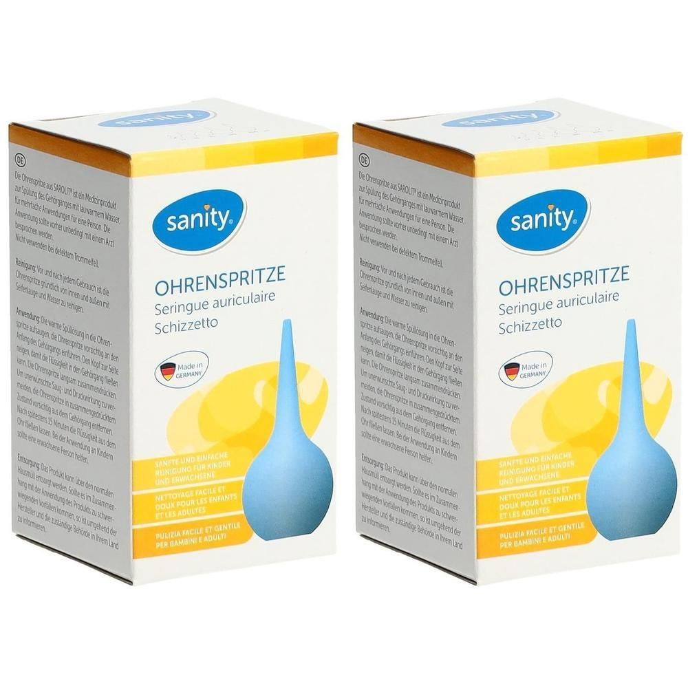 Zwei Packungen Sanity Ohrenspülpritzen, blau, mit Tropfspitze.