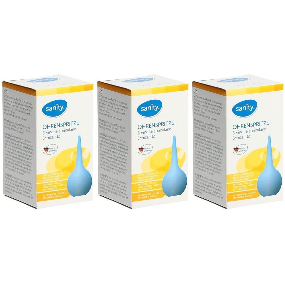 Sanity Ohrspritze, blau, 27 ml. Drei Packungen im Karton.