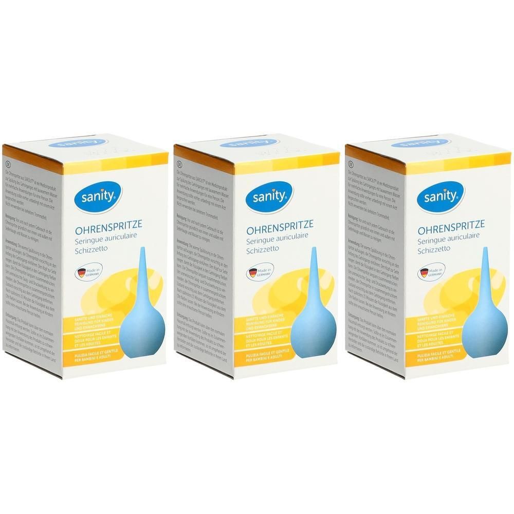 Drei Packungen Sanity Ohrspritzen mit blauem Gummiballon und Spitze.