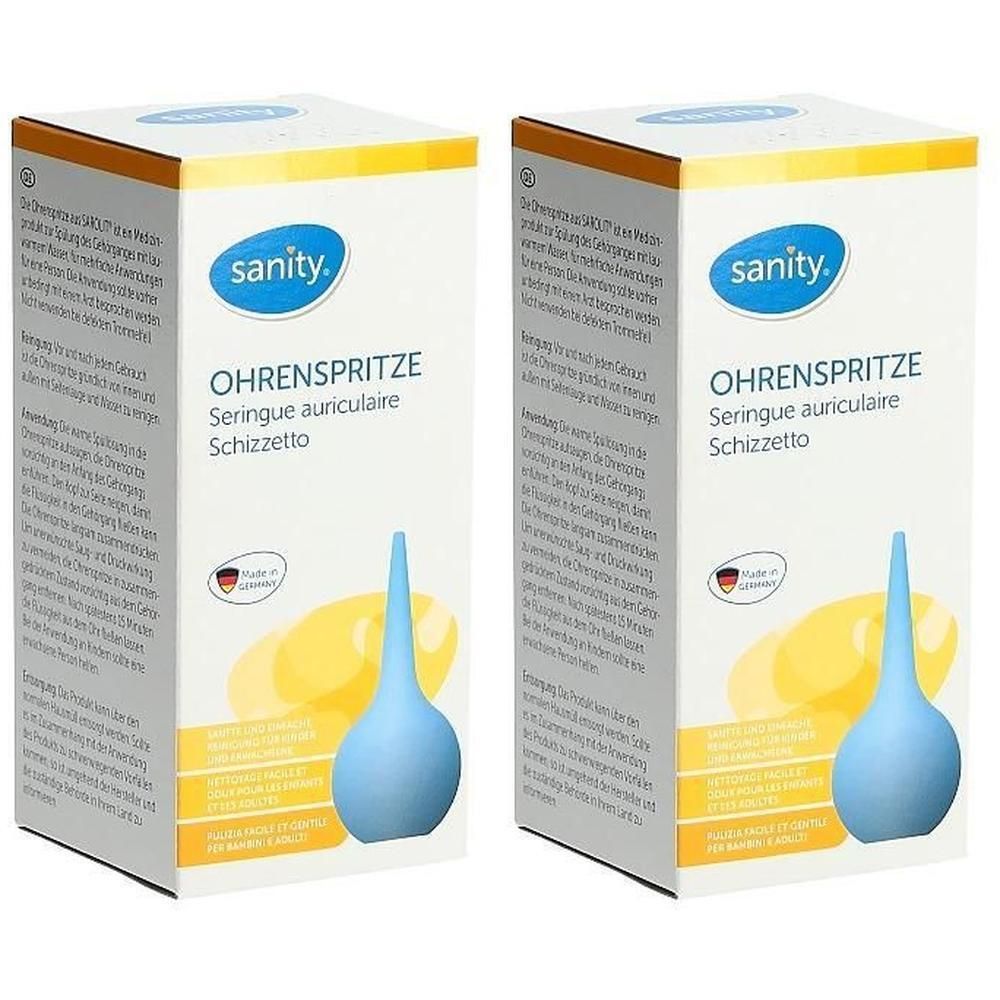 Zwei Packungen Sanity Ohrenspritze, blau, mit spitzem Ende. Kartonverpackung mit Produktinformationen.