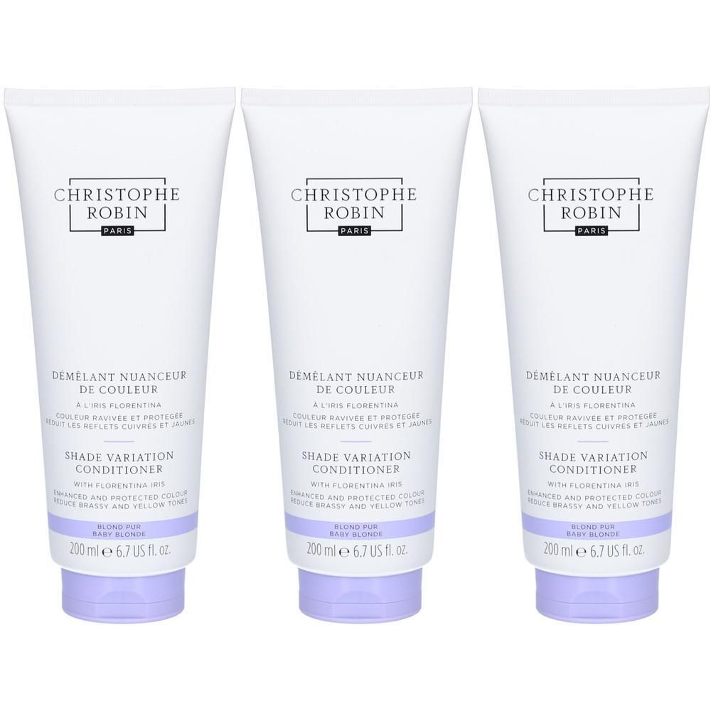 Trois tubes de conditionneur blancs avec bouchons violets. Texte: CHRISTOPHE ROBIN, DEMELANT NUANCEUR DE COULEUR, SHADE VARIATION CONDITIONER, 200 ml.