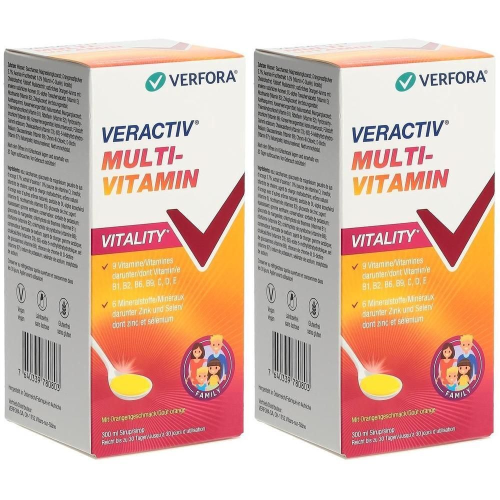 Zwei Kartons VERACTIV Multi-Vitamin. Aufschrift: Vitalität, 8 Vitamine, Mineralstoffe, Zink, Selen. Familienabbildung. Orangefarbener Hintergrund.