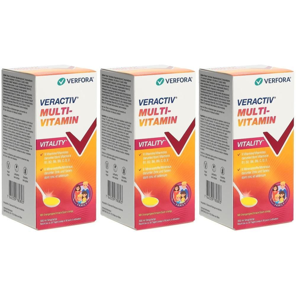 Drei Kartons mit VERACTIV Multi-Vitamin. Aufschrift: VERFORA, VITALITY. Roter Pfeil. Löffel mit gelber Flüssigkeit.